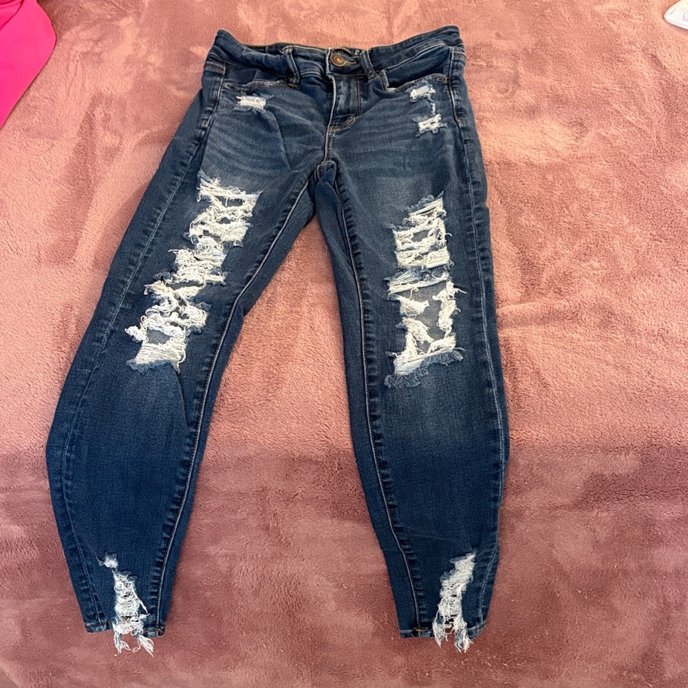 American Eagle Outfitters Distressed Skinny Jeans in Dark Blue